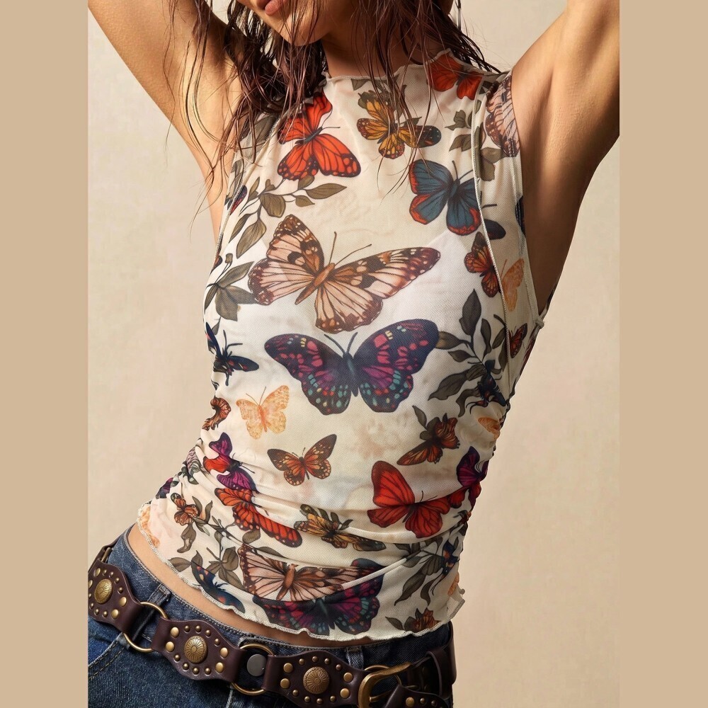 Cream Butterfly Print Mesh Sheer Stand Collar Tank Top